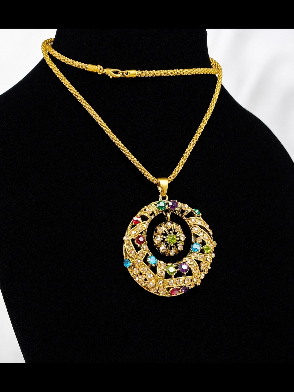 Vintage Gold-tone Multi Gemstone Pendant Renaissance Revival Necklace 28 Inches